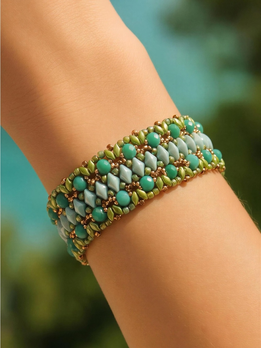 Green & Turquoise Beaded Women’s Bracelet with Gold Accents